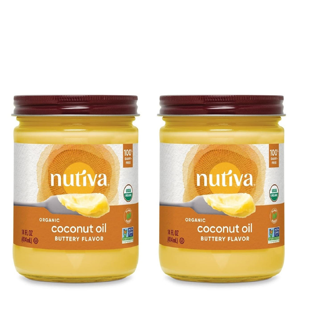 Nutiva coconut oil with butter flavor, pack of two bottles for versatile cooking.