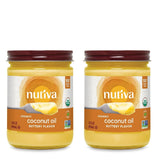 Nutiva coconut oil with butter flavor, pack of two bottles for versatile cooking.
