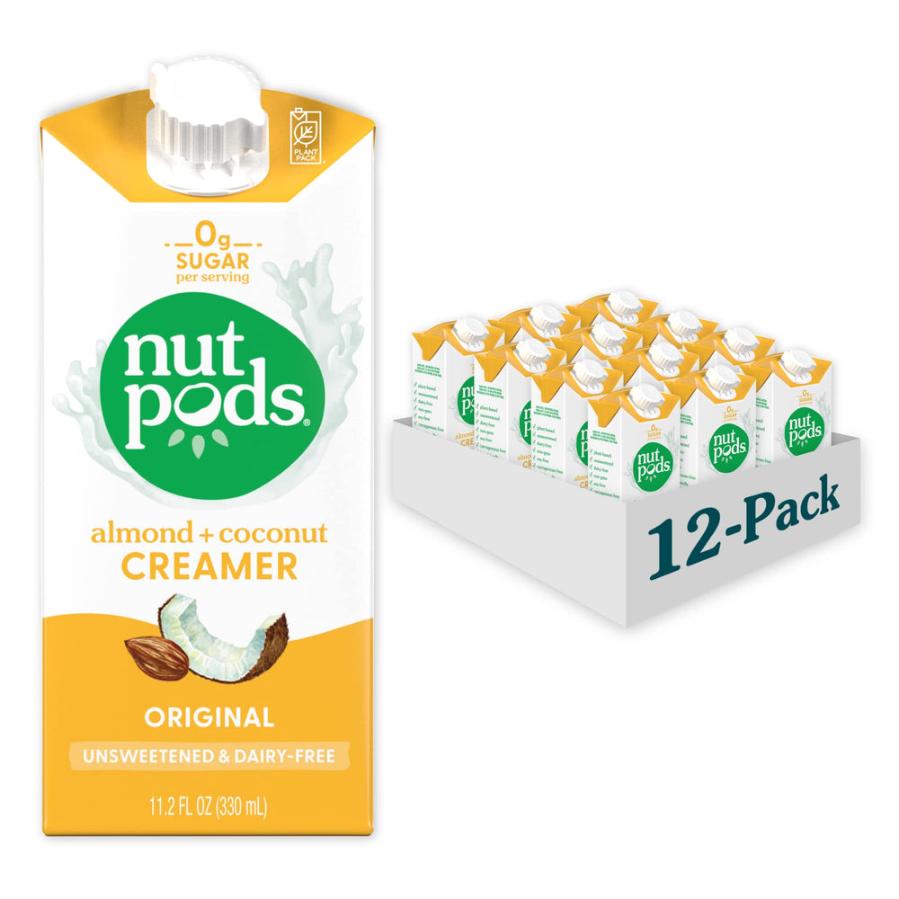 Nutpods Original Unsweetened liquid creamer being poured into coffee for a creamy finish