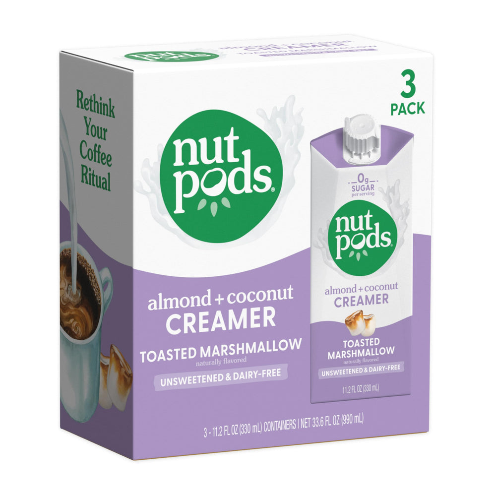 nutpods Toasted Marshmallow creamer bottle enhances coffee flavor.