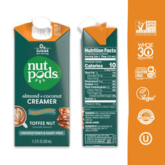 Pouring nutpods Toffee Nut Creamer for a creamy, sugar-free coffee moment.