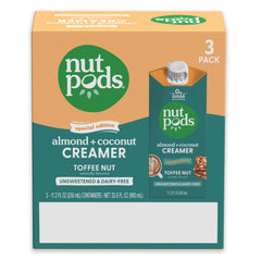 nutpods Toffee Nut Creamer uses almond and coconut base for plant-based indulgence.
