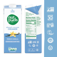 nutpods unsweetened French Vanilla dairy-free creamer front label highlights zero sugar per serving