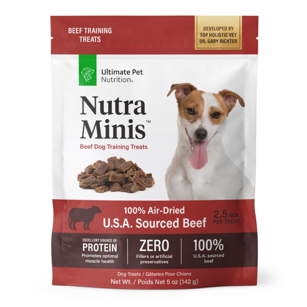 Friandises Nutra Minis Boeuf ULTIMATE PET NUTRITION dans l’emballage, récompense pratique pour l'entraînement.