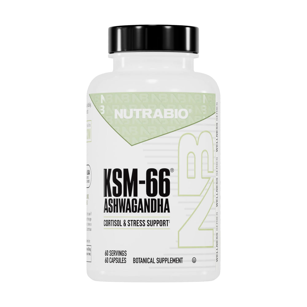 NutraBio Ashwagandha KSM-66 bottle with capsules for stress support