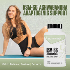 NutraBio Ashwagandha KSM-66 capsules close-up for mood balance and focus