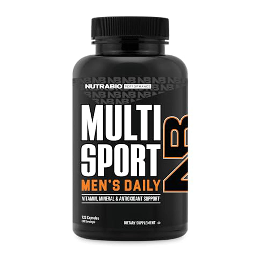 NutraBio MultiSport for Men bottle front showing complete daily multivitamin for energy and support