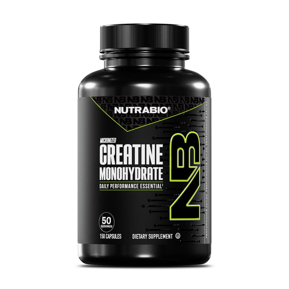 NutraBio Pure creatine monohydrate capsules in a bottle for easy daily use.