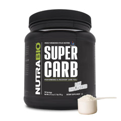 NutraBio Super Carb bottle with powder for steady training energy