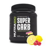 NutraBio Super Carb Raspberry Lemonade scoop and tub for steady workout energy.
