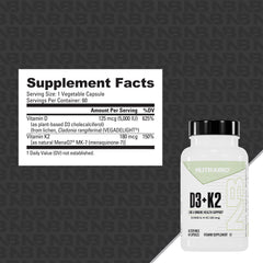 NutraBio Vitamin D3 K2 label close-up showing 180mcg K2 potency.