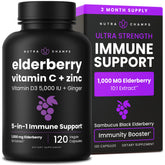 NutraChamps Elderberry 5-in-1 bottle view highlighting immune support ingredients