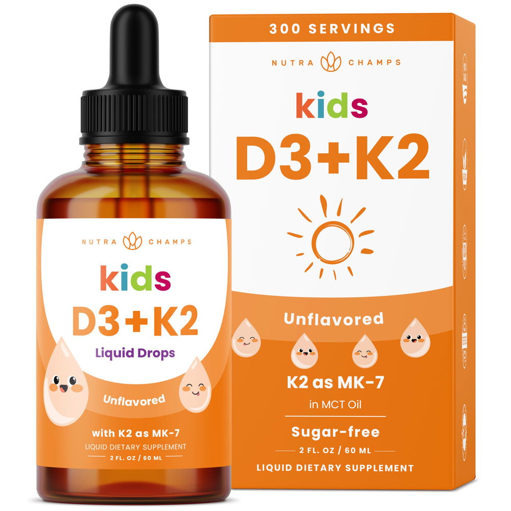 NutraChamps Kids D3 K2 Drops bottle on kitchen counter for easy daily use