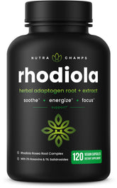 NutraChamps Rhodiola Rosea 600mg bottle highlights packaging for calm focus.