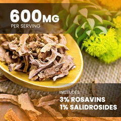 NutraChamps Rhodiola Rosea label closeup highlights Rosavin and Salidrosides.