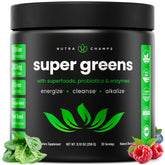 NutraChamps Super Greens powder tub front view with daily wellness and digestion support.