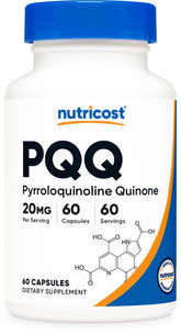 Nutricost PQQ 20mg bottle front with label for premium daily supplement.