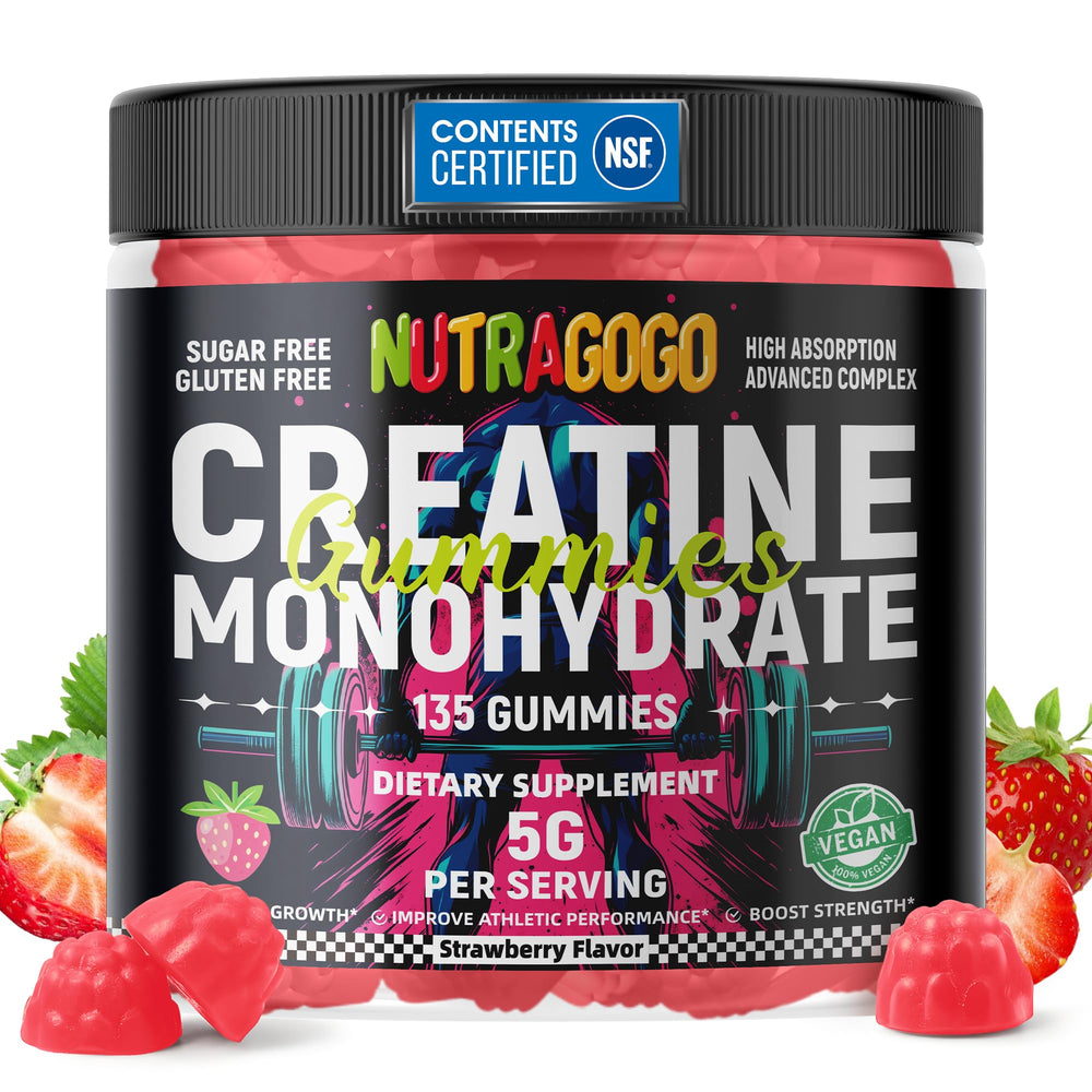 NUTRAGOGO Creatine Gummy front jar with strawberry electrolyte chews for convenient workout fueling