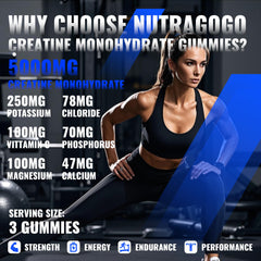 NUTRAGOGO Creatine Gummy label close-up highlights vegan, sugar-free formula