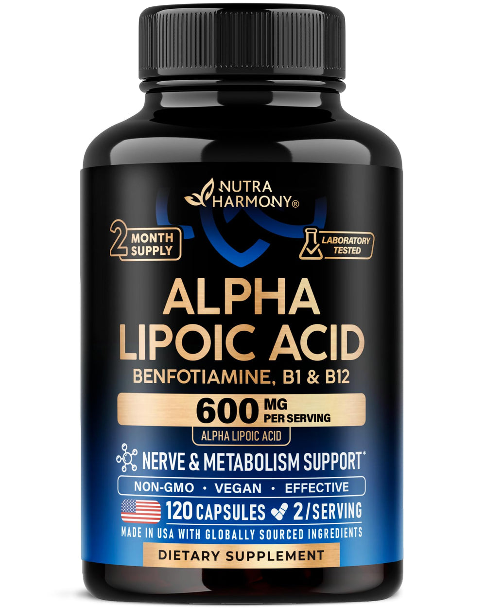 NUTRAHARMONY Alpha Lipoic Acid 600mg bottle for antioxidant support and everyday wellness.