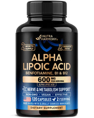 NUTRAHARMONY Alpha Lipoic Acid 600mg bottle for antioxidant support and everyday wellness.