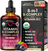 NutraHarmony B-Complex Drops bottle pour for convenient daily energy support.