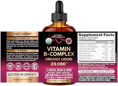 NutraHarmony B-Complex Drops label closeup highlighting organic ingredients.
