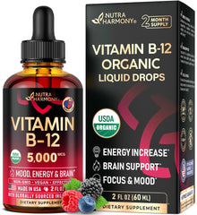 NutraHarmony B12 drops bottle showing energy and focus support