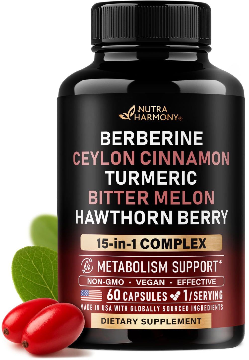 NutraHarmony Berberine Cinnamon bottle close-up highlighting metabolism support.