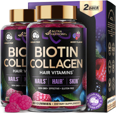 Nutraharmony Biotin Collagen Gummies bottle in mixed berry for hair and nails support.