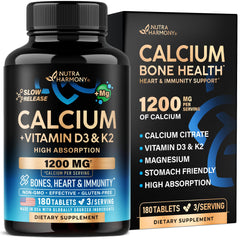 NutraHarmony Calcium 1200 mg bottle label showing D3 and K2 for bone support.
