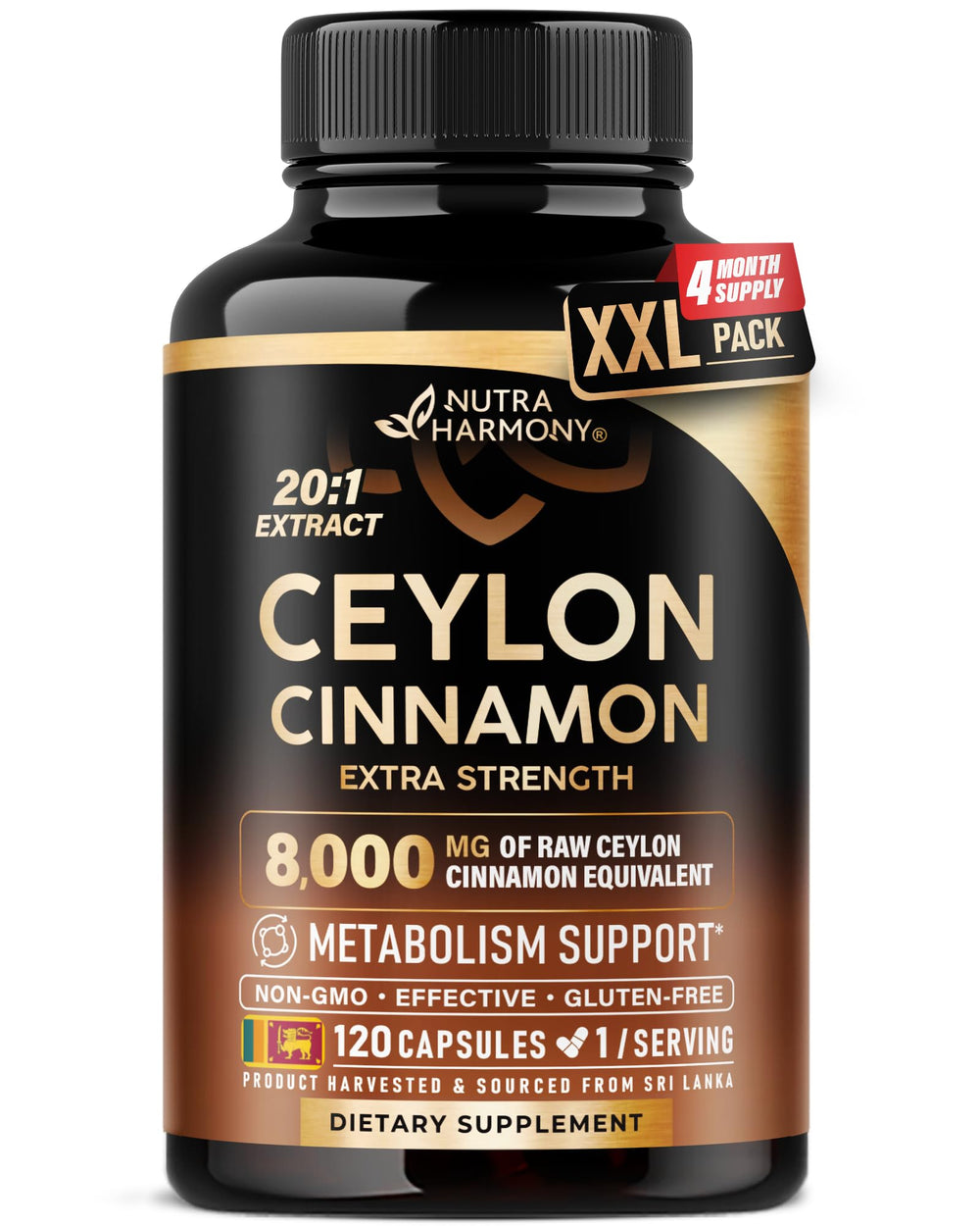 NUTRAHARMONY Ceylon Cinnamon capsules bottle shows purity and potency for daily energy support.