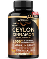 NUTRAHARMONY Ceylon Cinnamon capsules bottle shows purity and potency for daily energy support.