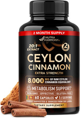 NUTRAHARMONY Ceylon Cinnamon capsules bottle for daily energy and metabolism support.