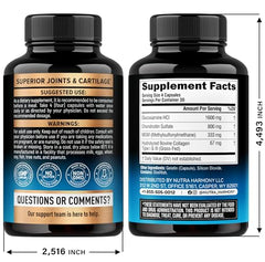 NutraHarmony bottle back highlights ingredients supporting cartilage and ligaments for mobility.