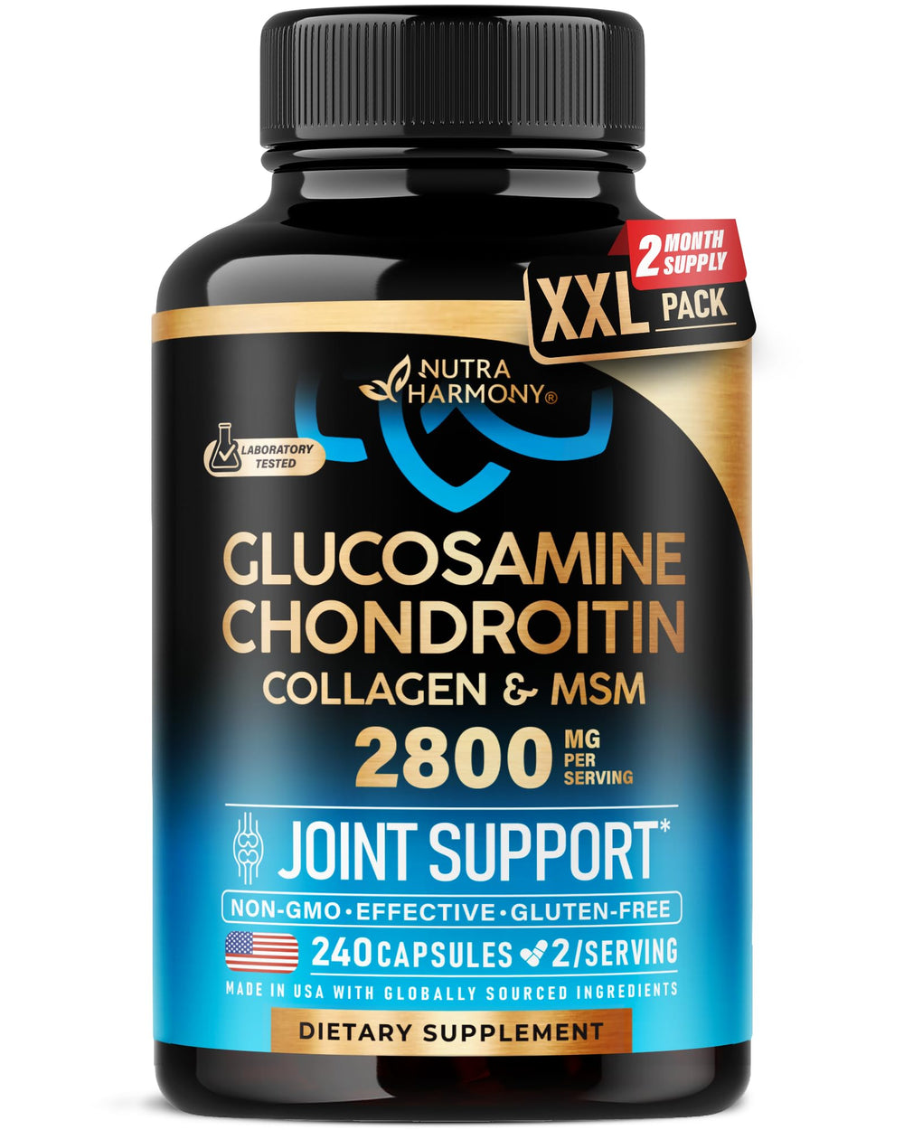 NutraHarmony glucosamine chondroitin msm collagen bottle front showing joint support.