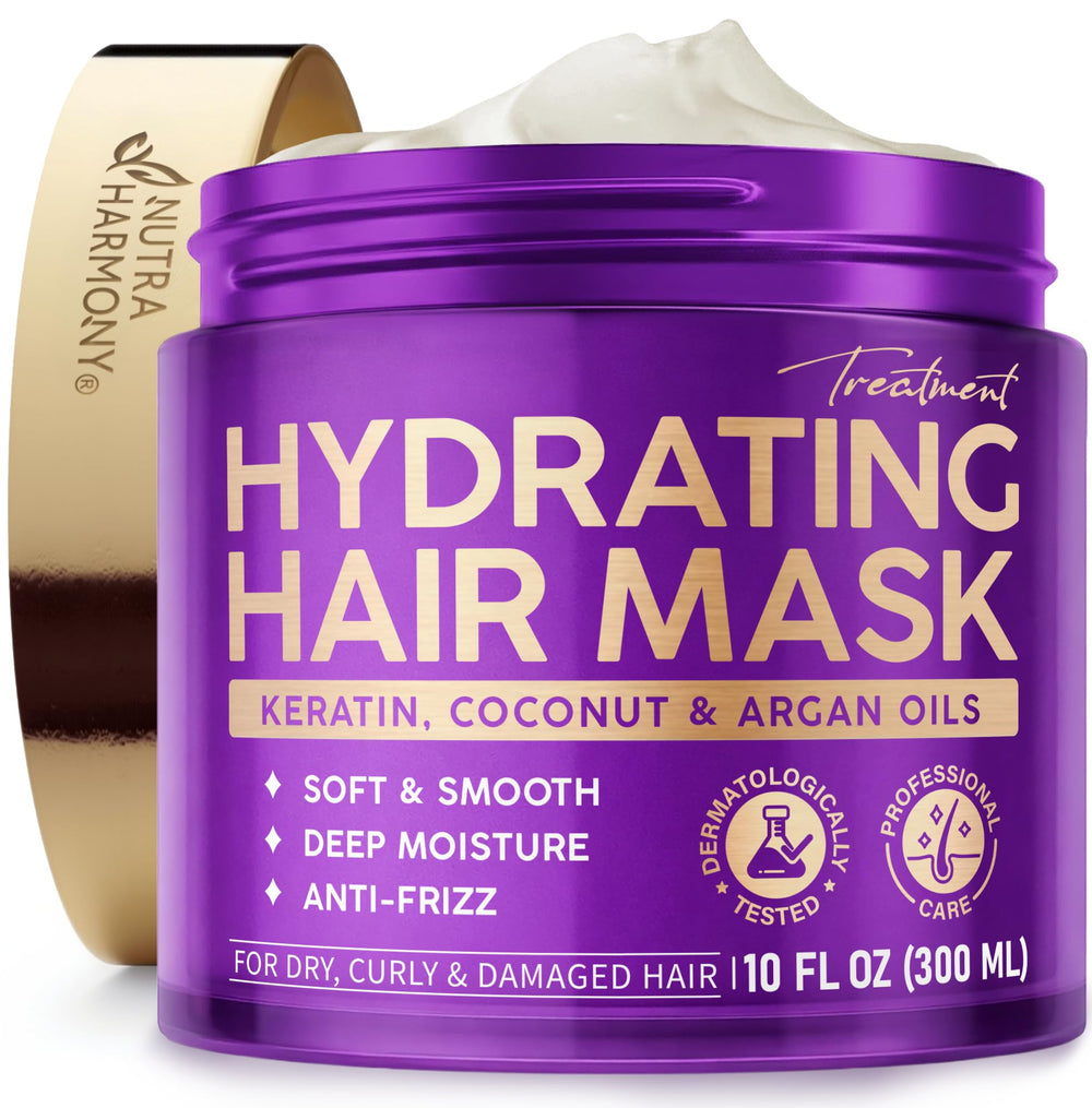 NUTRAHARMONY Hydrating Hair Mask bottle pouring for deep moisture