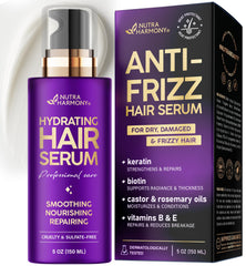 NUTRAHARMONY hydrating hair serum bottle for smooth, frizz-free hair.