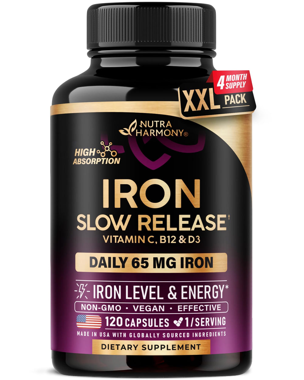 NutraHarmony Iron 65mg bottle shown for daily energy support and easy dosing.