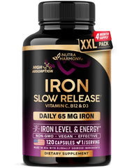 NutraHarmony Iron 65mg bottle shown for daily energy support and easy dosing.