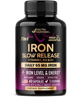 NUTRAHARMONY Iron 65mg bottle front showing dosage for daily energy support