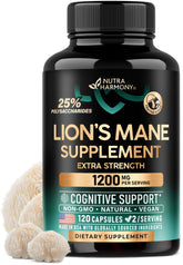 NutraHarmony Lions Mane capsules 1200mg on bottle promote cognitive focus.