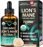 NUTRAHARMONY Lions Mane Liquid bottle shown on countertop, promoting cognitive clarity.