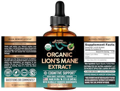 NUTRAHARMONY Lions Mane Liquid drops highlighted for quick absorption.