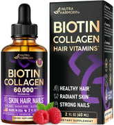 NUTRAHARMONY liquid biotin-collagen bottle boosts hair, skin, and nails.