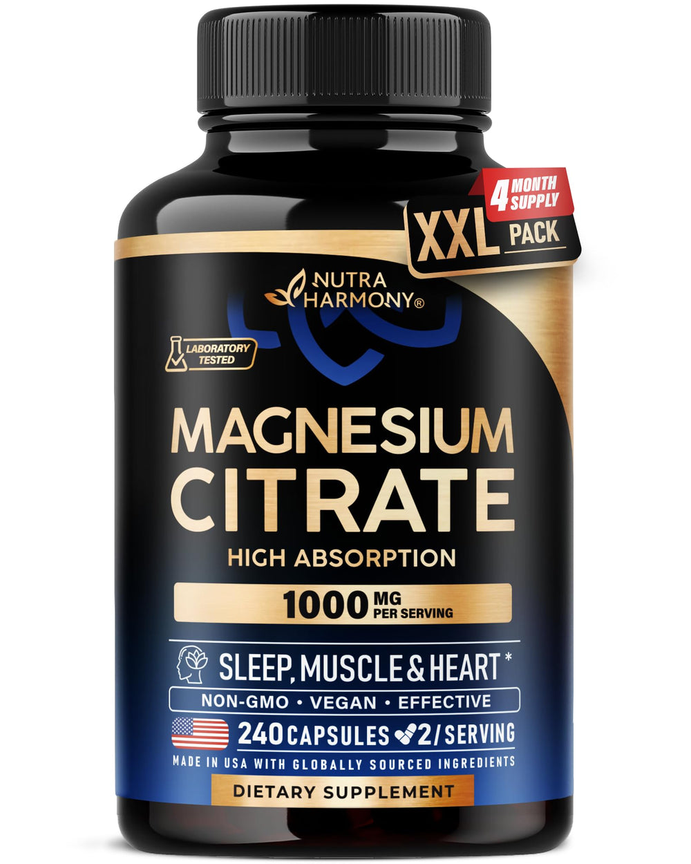 NUTRAHARMONY Magnesium Citrate 1000mg capsules bottle for daily sleep support and heart health