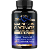 NutraHarmony Magnesium Glycinate 500 mg bottle highlights high absorption and sleep support.