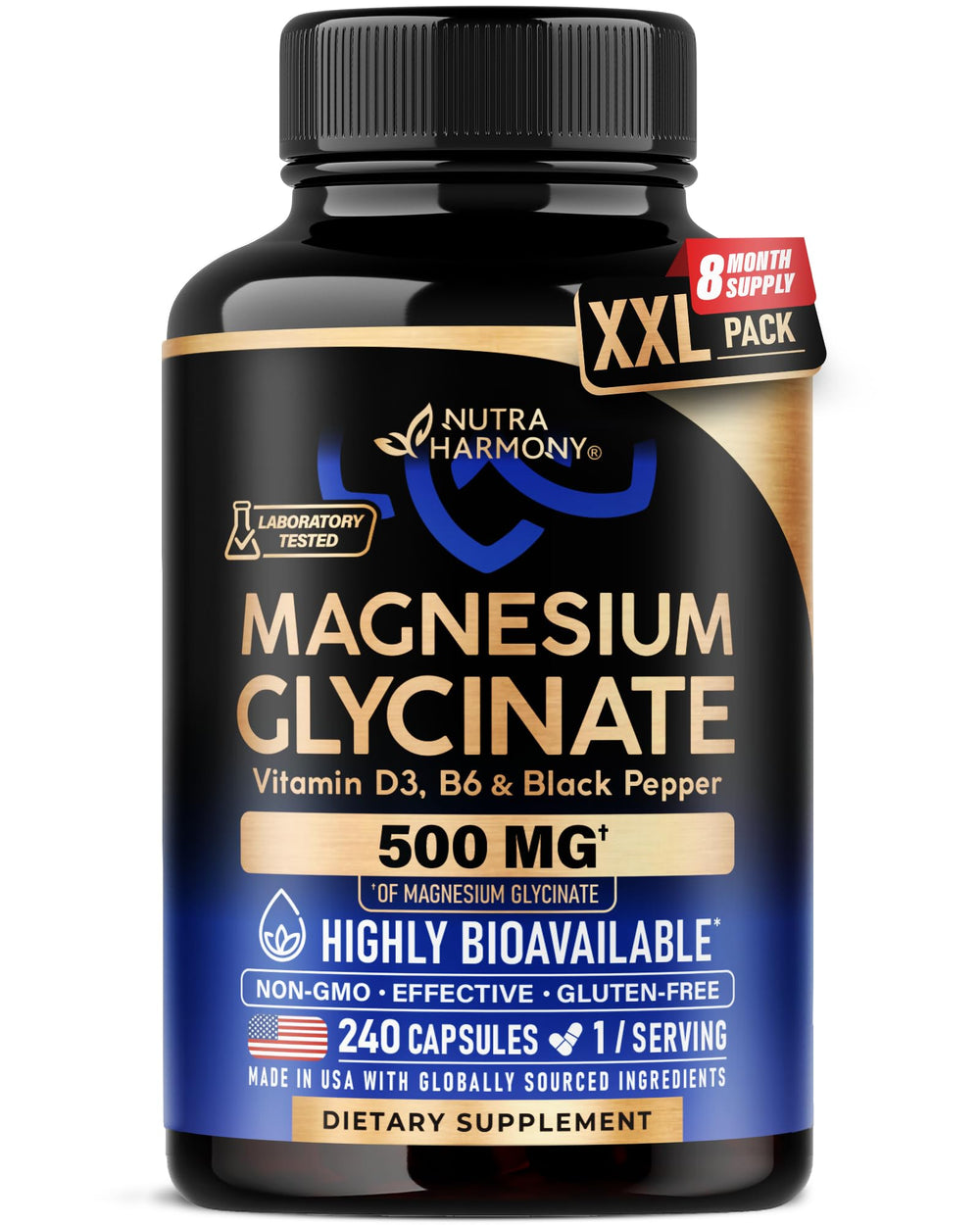 NUTRAHARMONY Magnesium Glycinate 500mg capsules in bottle for easy daily use
