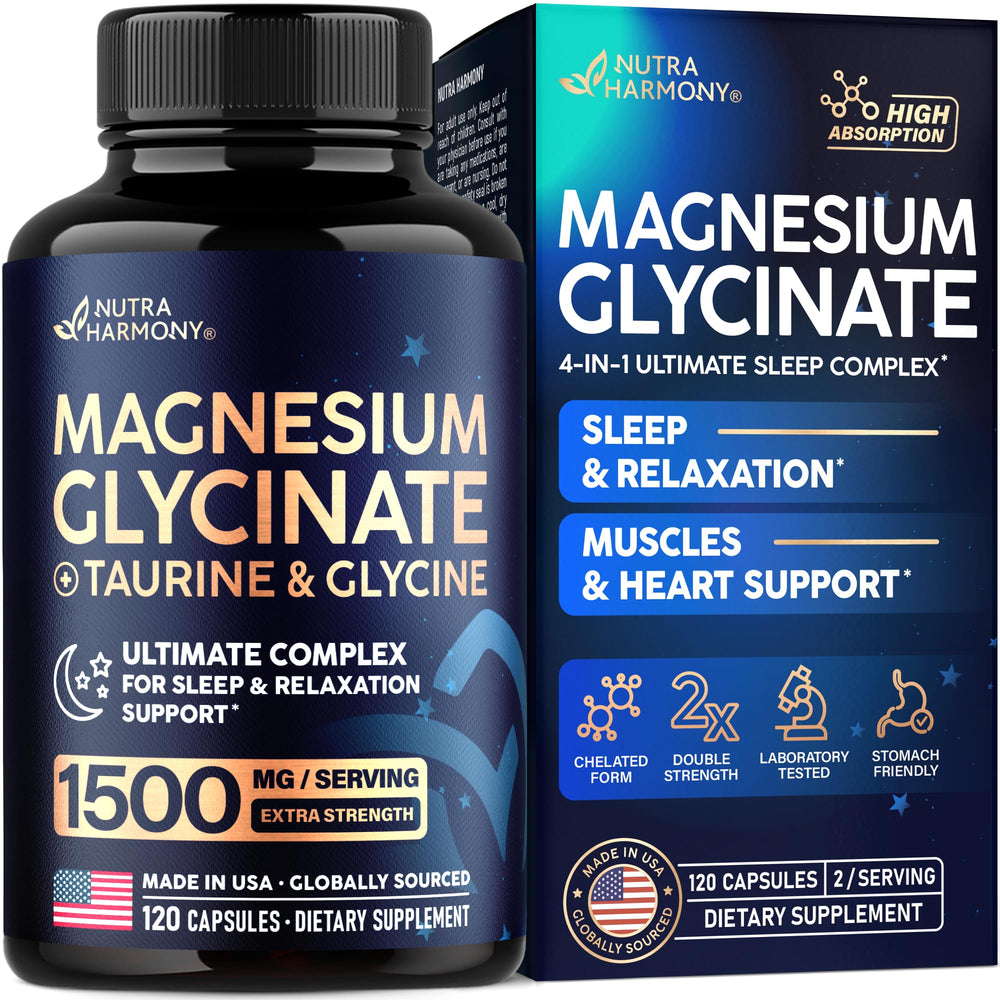 NUTRAHARMONY Magnesium Glycinate bottle offers premium sleep support and high absorption.