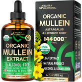 NUTRAHARMONY Mullein Drops bottle showing organic lung support for daily use.